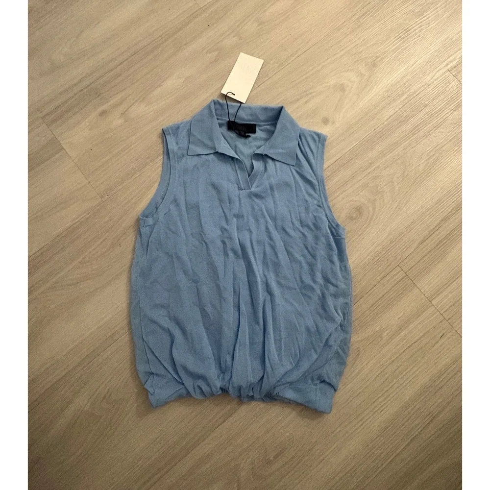 Zara Women Polo Top Sleeveless Knit Top Light Blue V-Neck Elastic Hem Size S NWT
